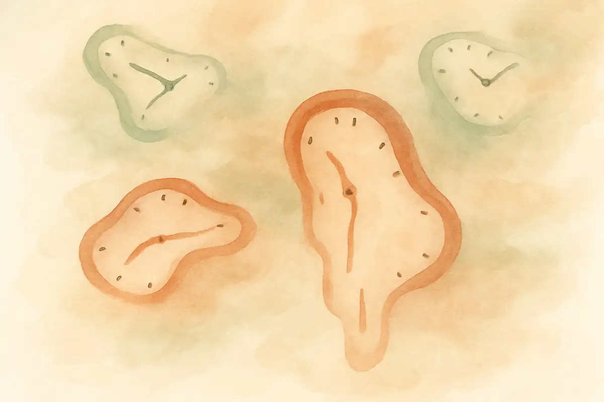 Abstract illustration of melting clocks and blurred time, representing ADHD time blindness